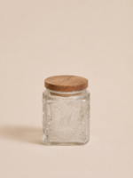 FRASCO DE VIDRIO LABRADO CON TAPA DE MADERA 500ML (MA 10-20)