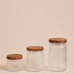 FRASCO DE VIDRIO X 3 UNIDADES TAPA MADERA9*15 CM/ 9*12 CM/ 9*9 CM( EMA 19-03)