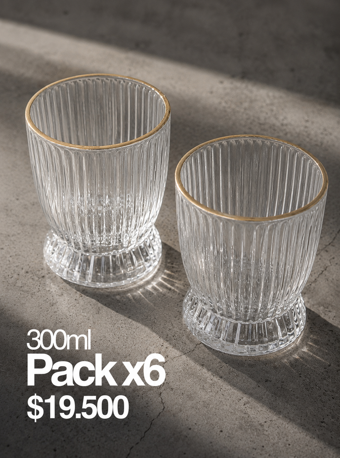 IMG_4713 PACK X 6 VASO TRANSPARENTE BORDE DORADO 8*7*9.5 CM 300ML(HE 22) - Imagen 1
