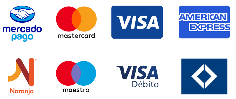 Medios de pago: Mercado Pago, Mastercard, Visa, American Express, Naranja, Maestro, Visa Débito, Cabal